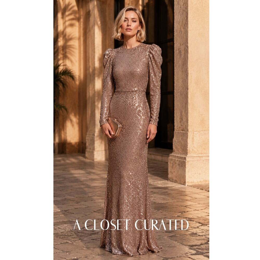 Mac Duggal Sequined High Neck Long Sleeve Column Gown 2 NWT Style 26692